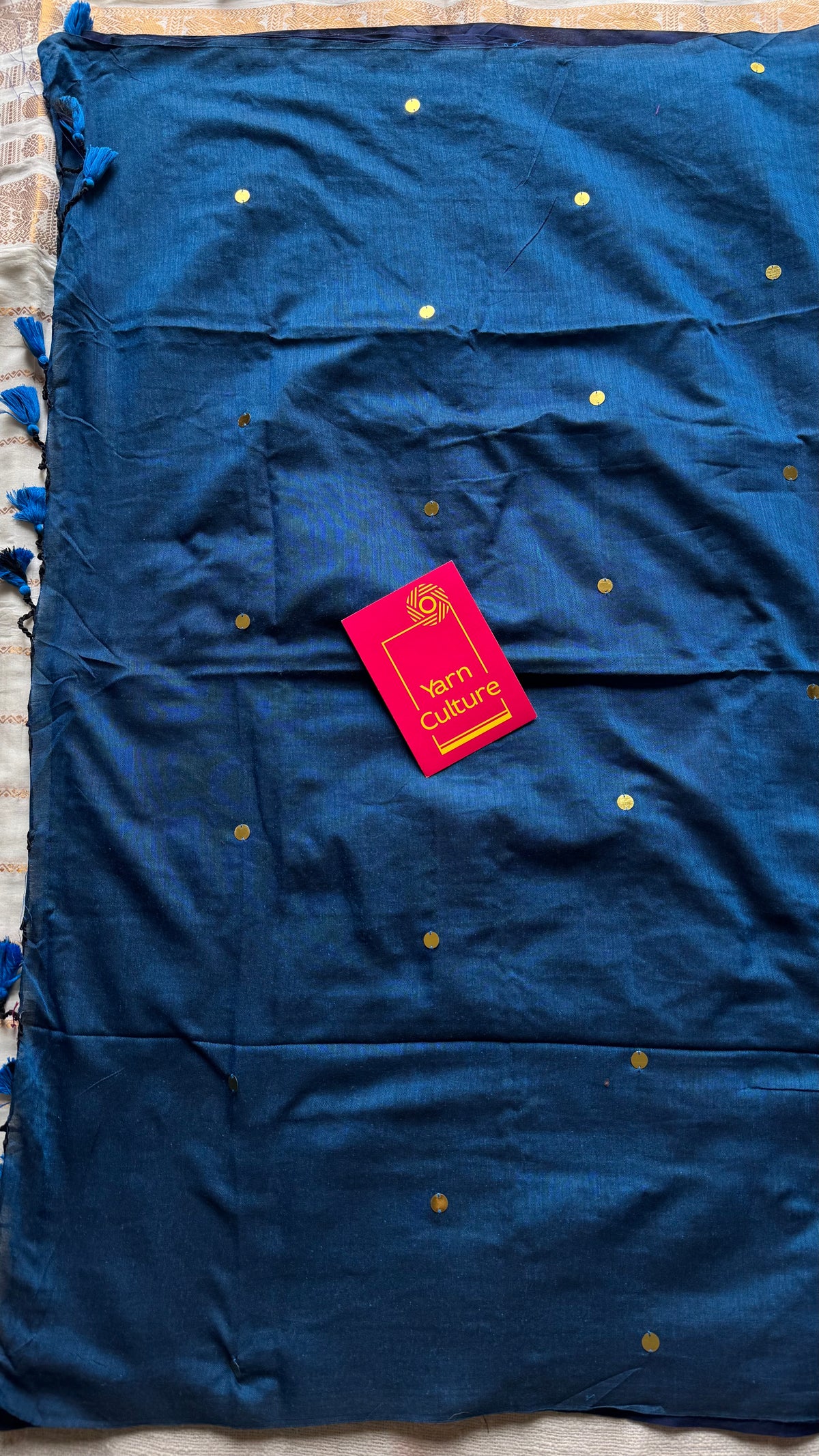 Dark blue with peacock blue contrast pallu, gini sequins, soft cotton saree - YCBCSCOC05
