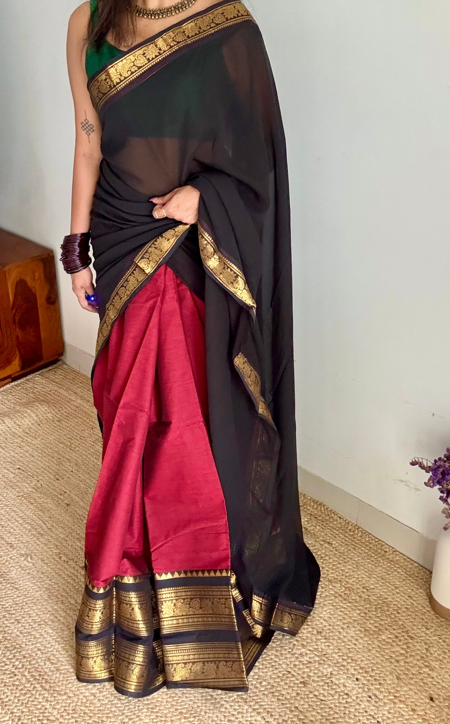 Maroon - Black unstitched half saree material (dhavani), kanchi cotton - YCIEHS210