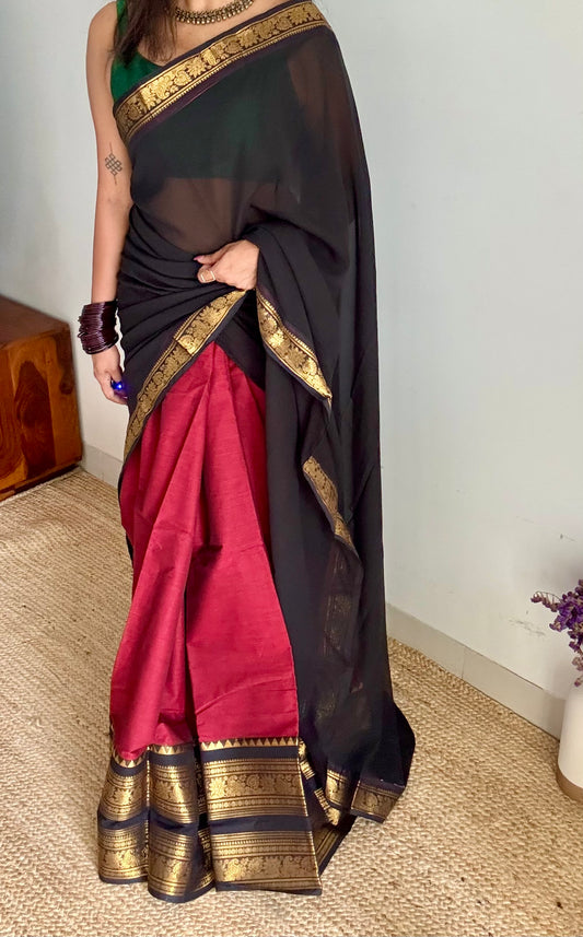 Maroon - Black unstitched half saree material (dhavani), kanchi cotton - YCIEHS210