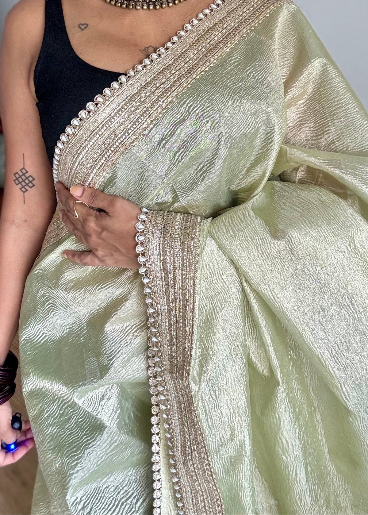 Pastel pista green crushed Banarasi tissue saree, with pearl lace border - YCBLTOC64