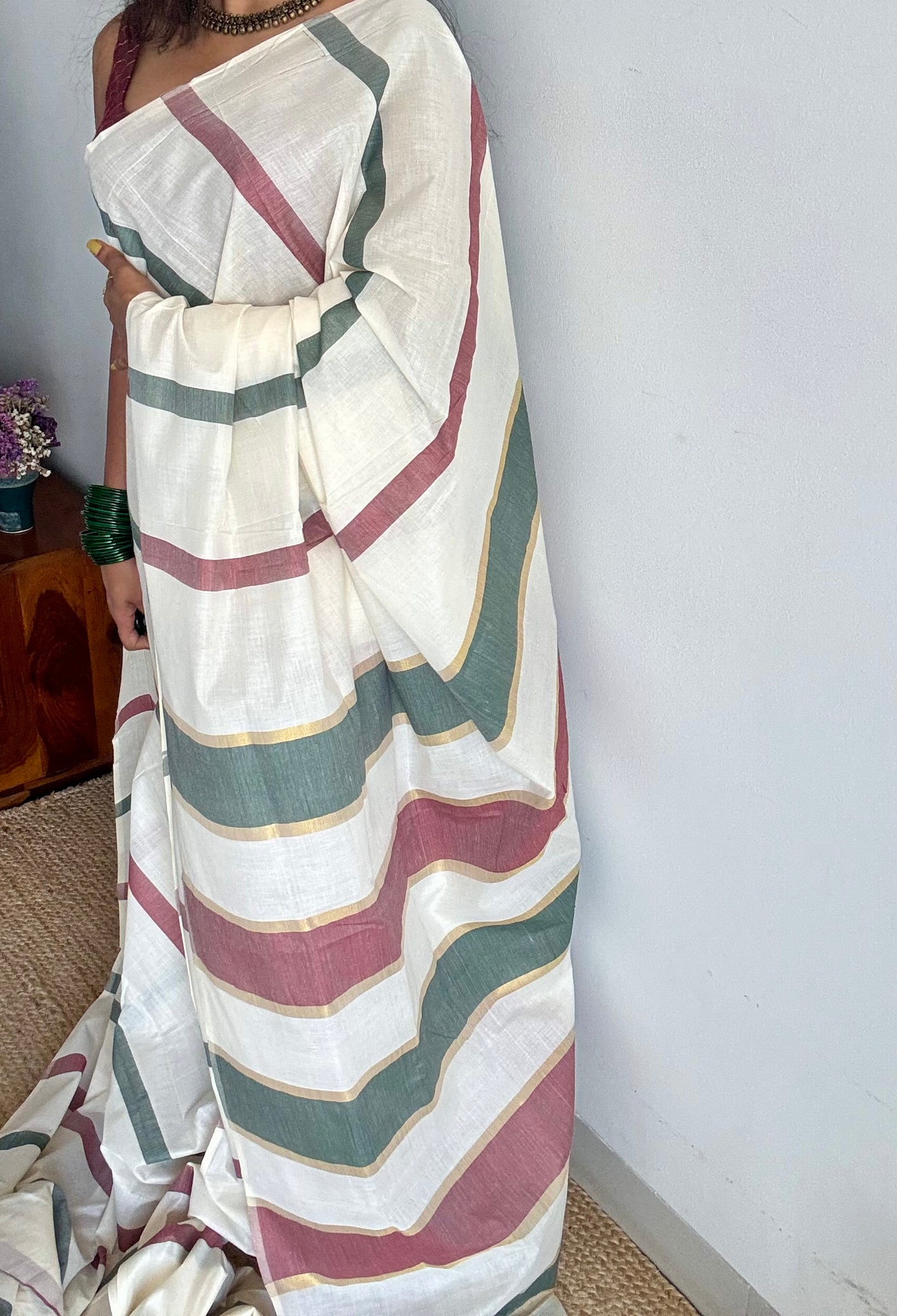 Ivory Kerala cotton saree with maroon and green stripes - YCIEKCFE307