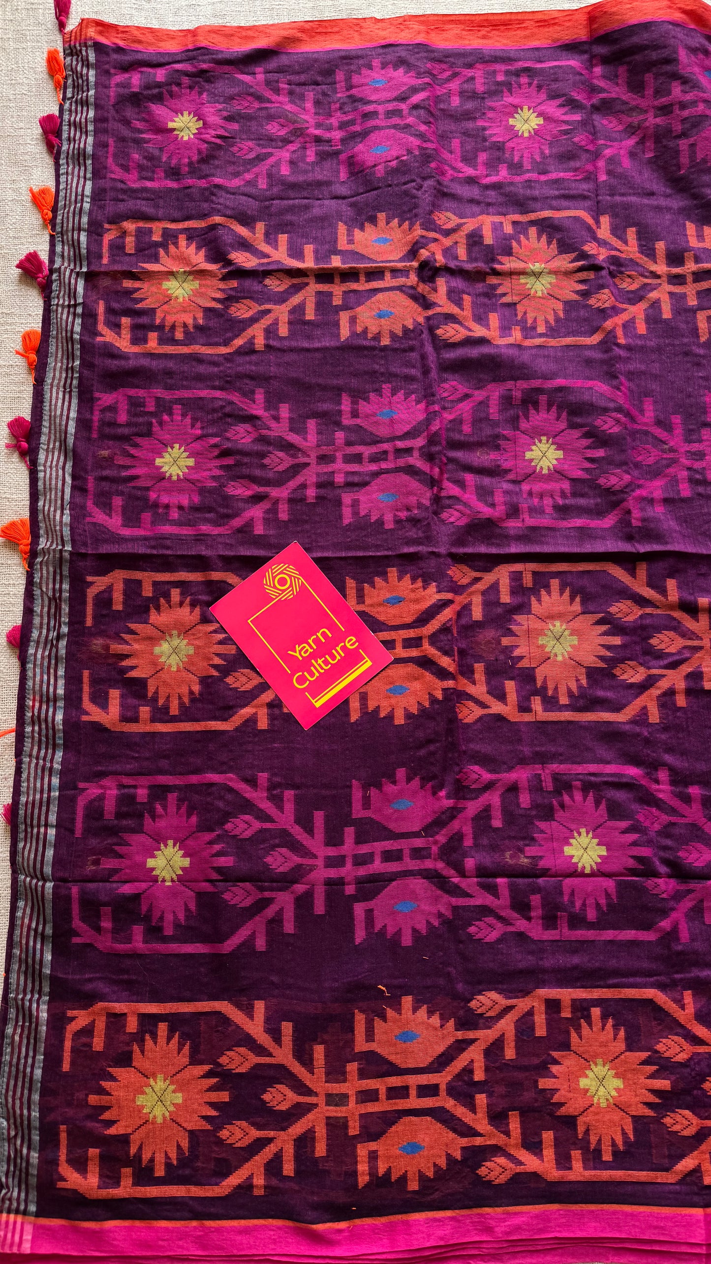 Purple with pink and orange jamdani saree in mul cotton - YCBCJDFE384