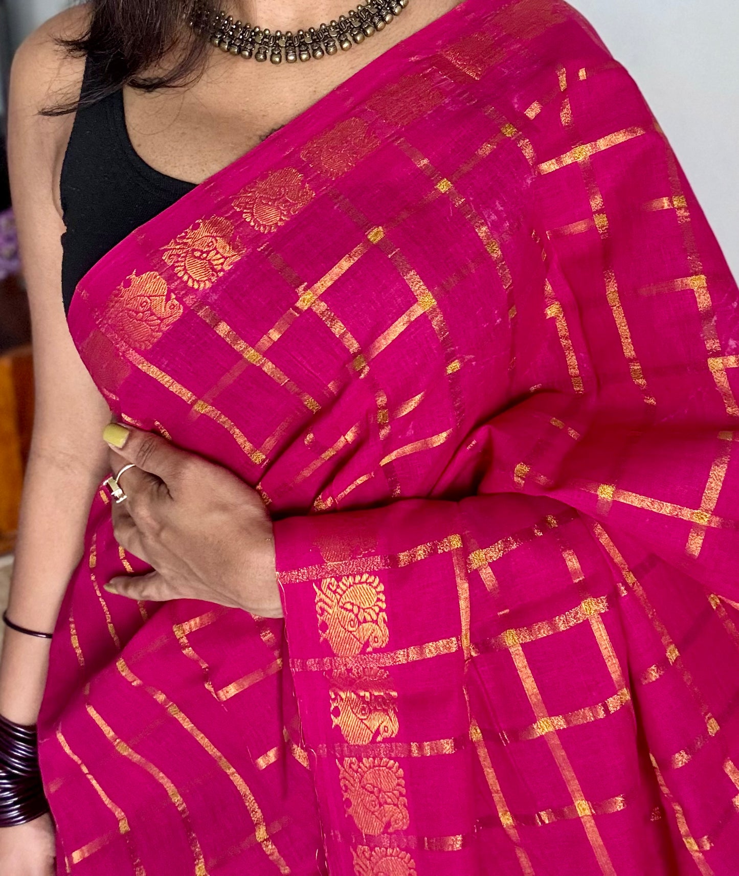 Magenta pavithra kattam kattuchayam dyed madurai cotton saree - YCCOTNMSFE137