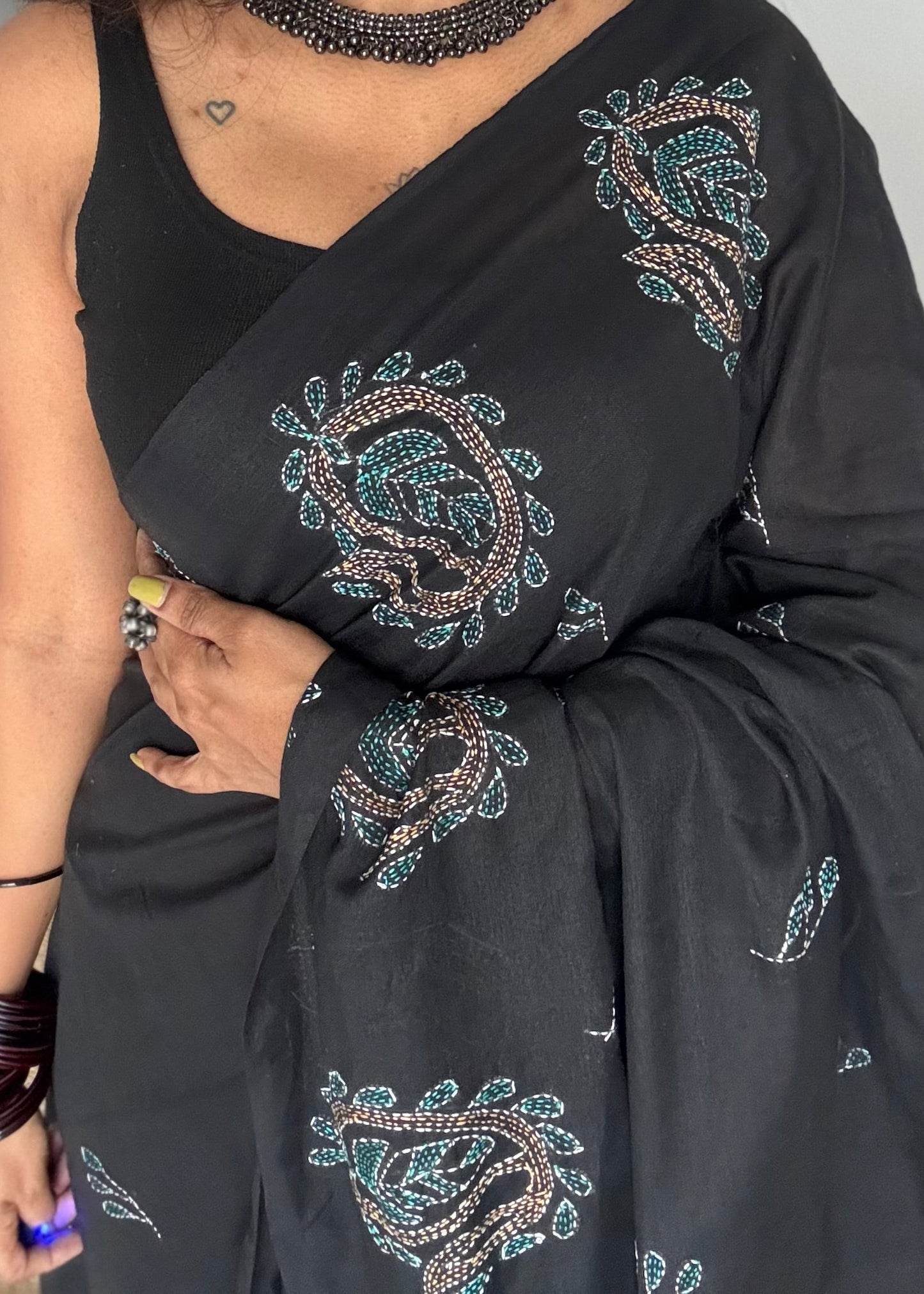 Embroidered black kantha weave in soft cotton - YCBCKKJA146