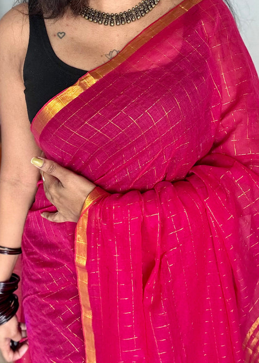 Hot pink mul with gold checks and zari border - YCBCMCJA05