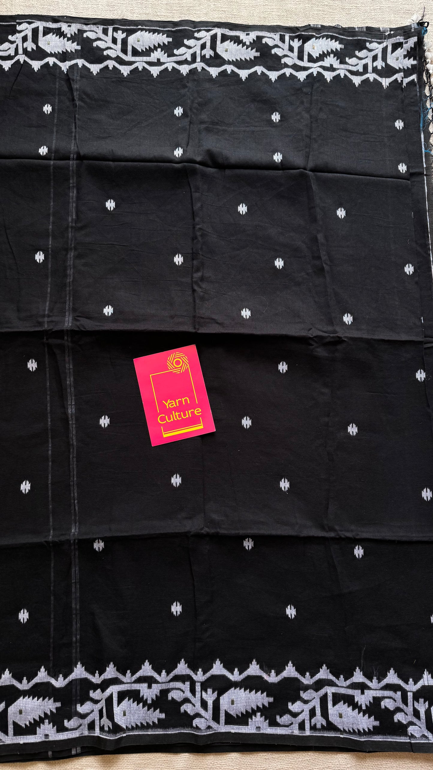 Black with white contrast jamdani saree in soft handloom cotton - YCBCJDFE377