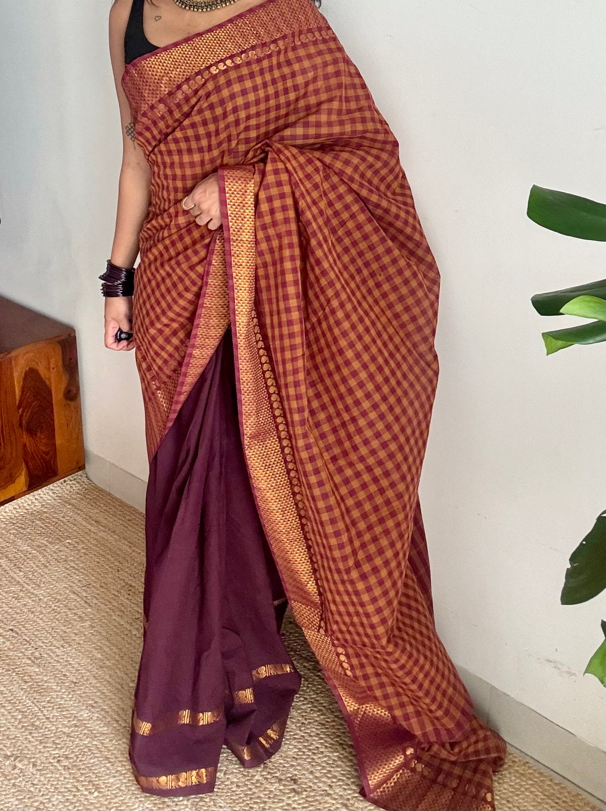 Maroon with rust orange and maroon, with sungudi and chettinad cotton half-half saree - YCCOTNIDOC41