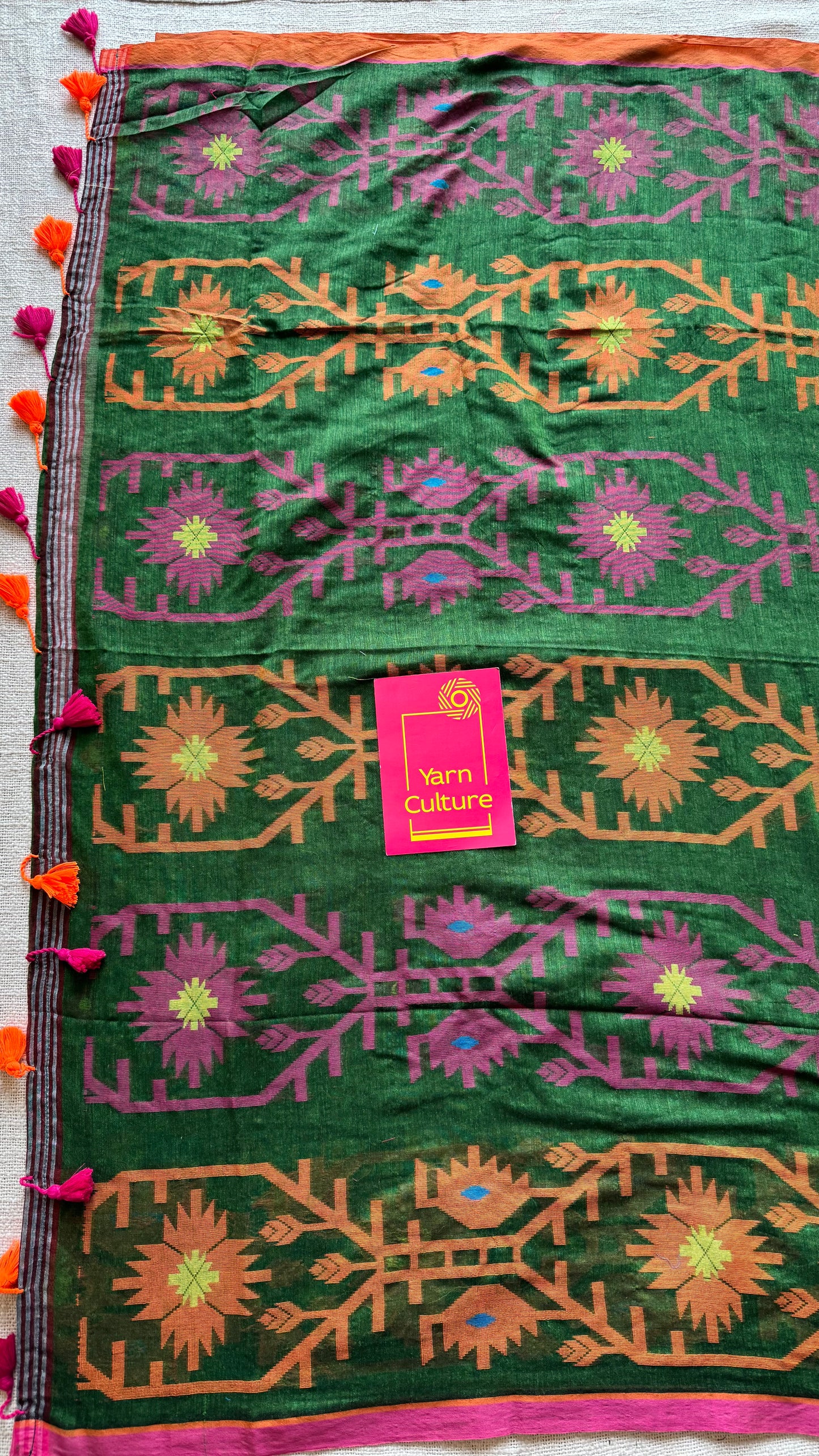 Green with pink and orange jamdani saree in mul cotton - YCBCJDFE383