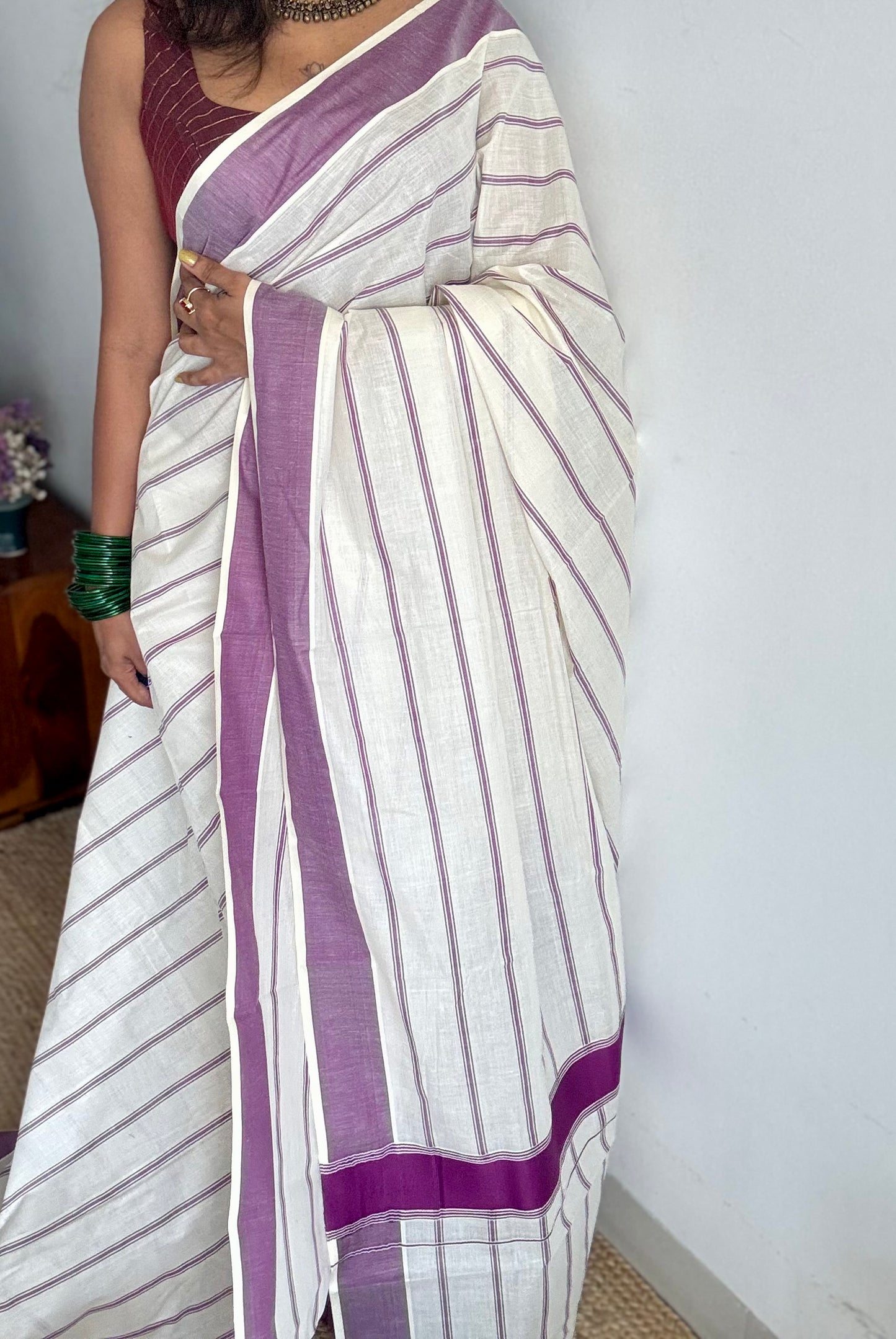 Ivory Kerala cotton saree with purple pink (vadamalli) stripes and border - YCIEKCFE322