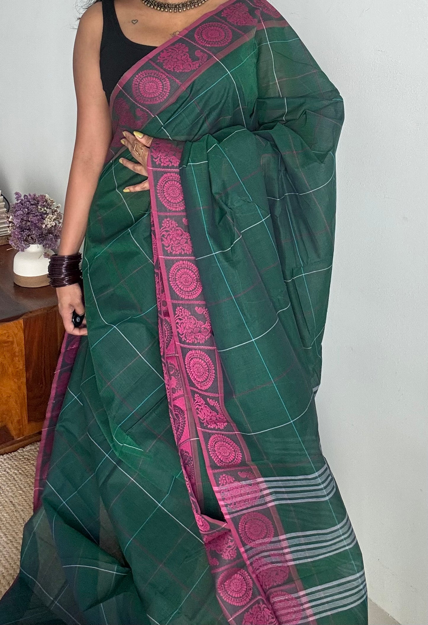Chettinad cotton saree in dark green with pink checks, thread motif border - YCCOTNJUCC05