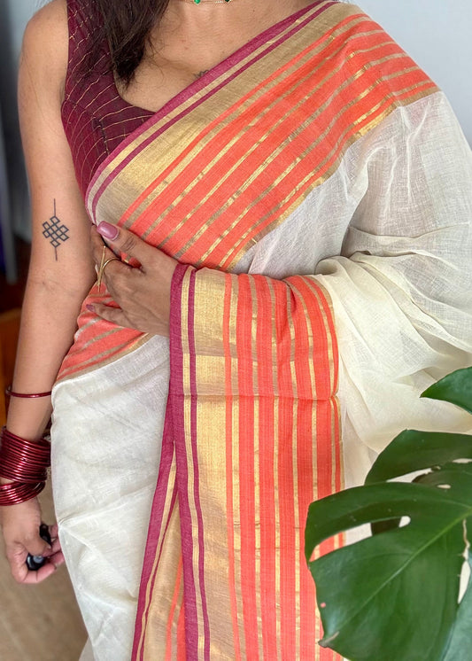 Ivory mul saree, orange with maroon striped border - YCIEON13