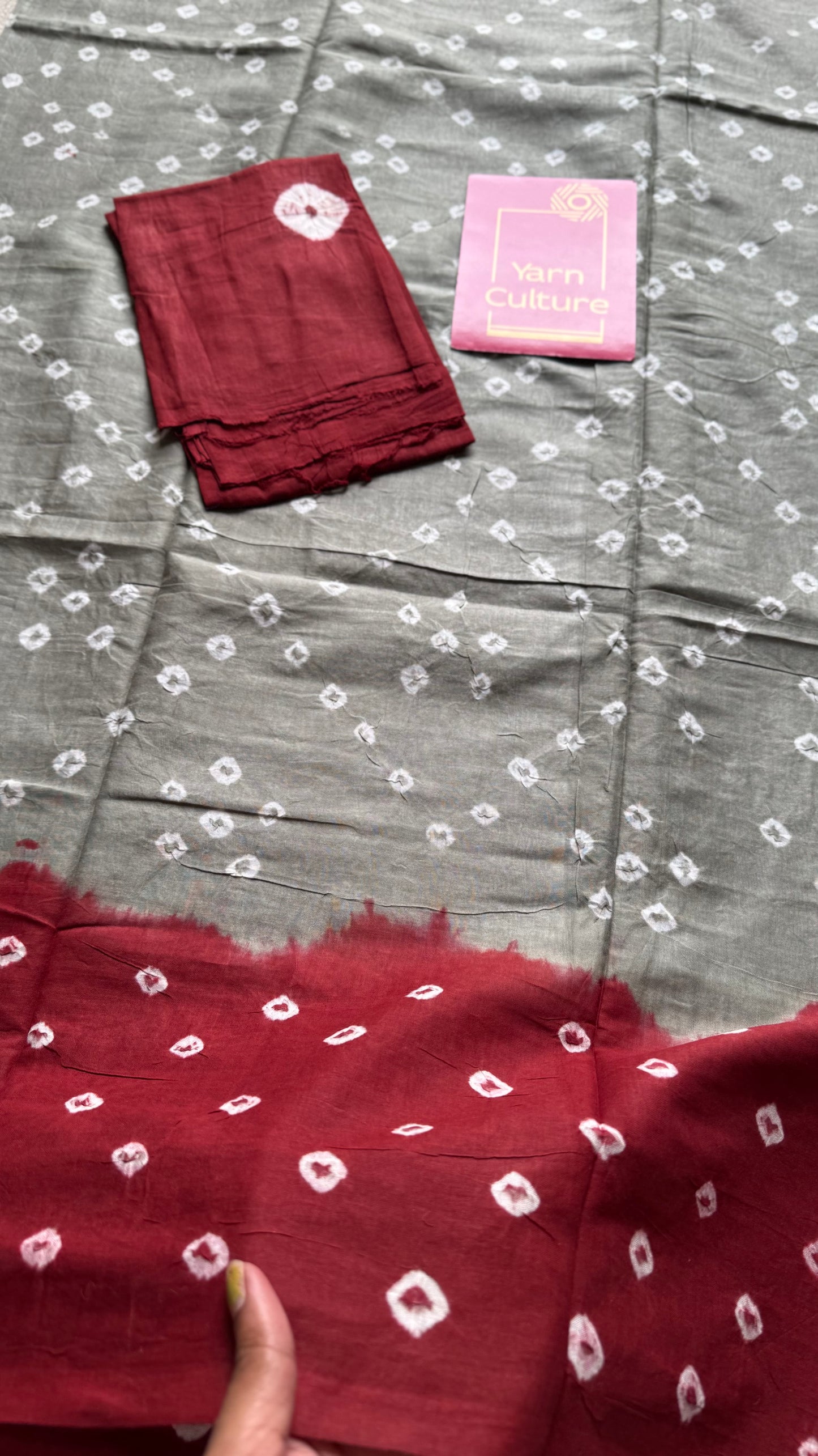 Grey with maroon Sungudi/Bandhani, soft cotton - YCCOTNSEMS74