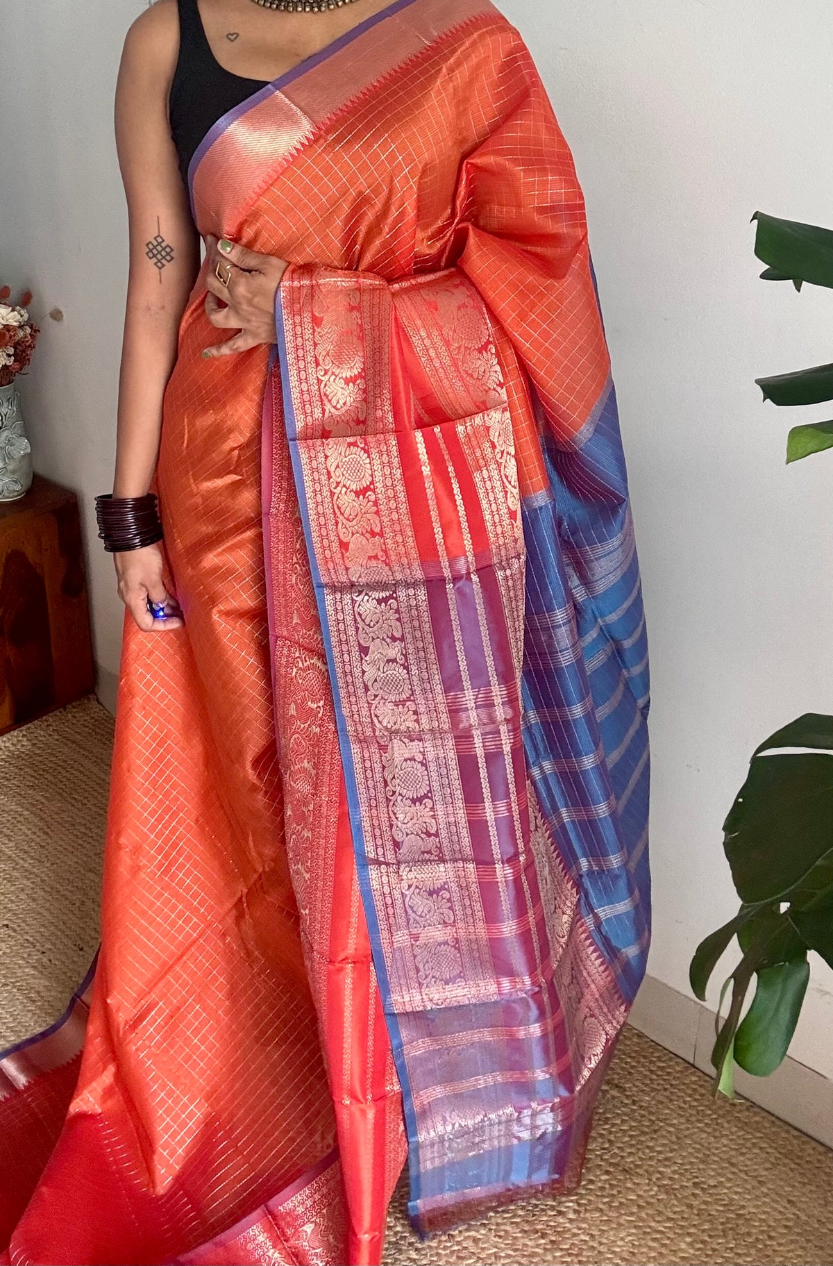 Orange with blue silver zari checks, silver and gold peacock woven zari border, mangalgiri silk cotton, handwoven, soft, light weight - YCWOTDMSCOC122