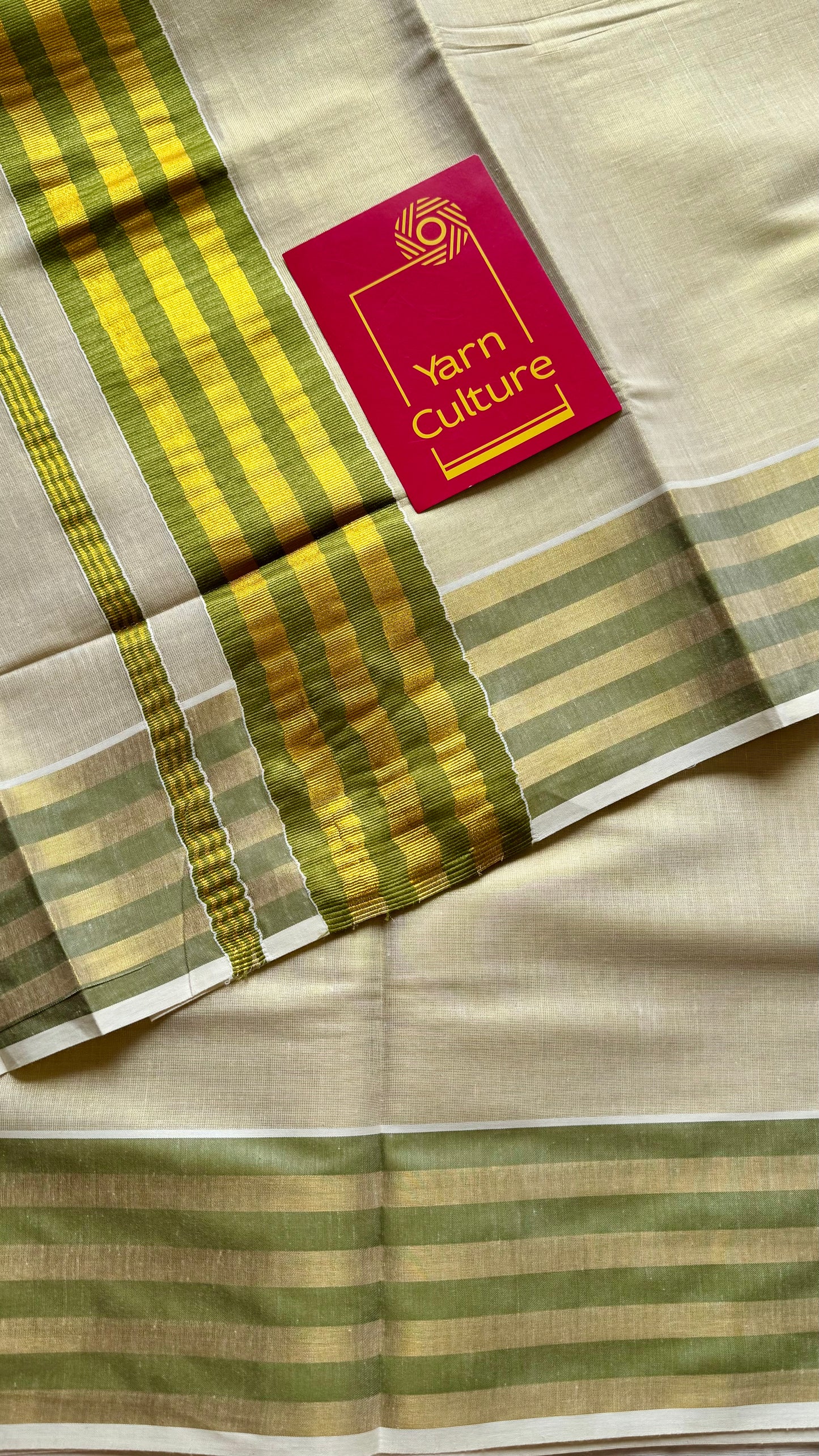 Ivory and gold soft tissue cotton saree, light green border - YCIEON65