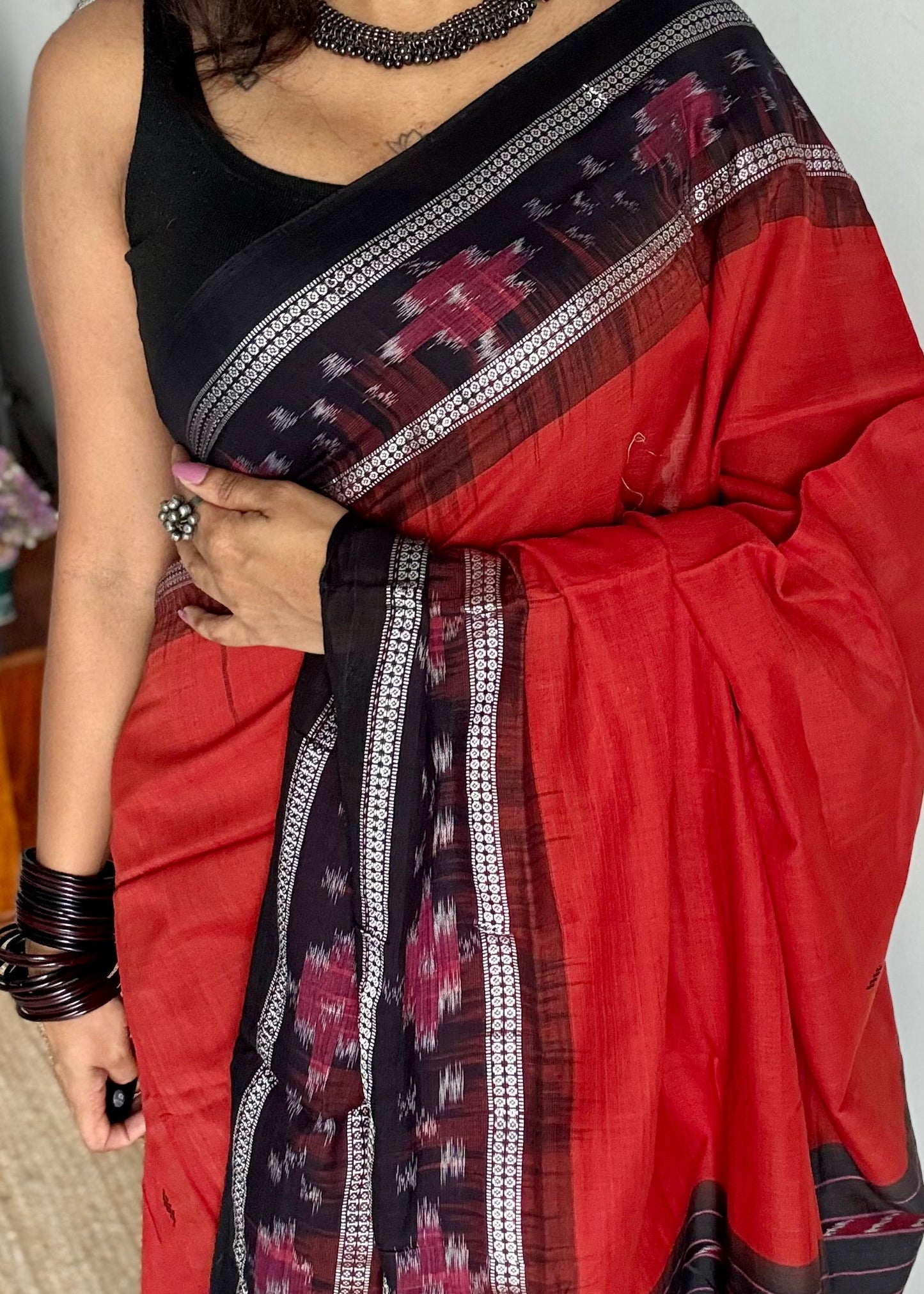 Palasha - brick red Sambalpuri handloom cotton - YCHOTESJA204