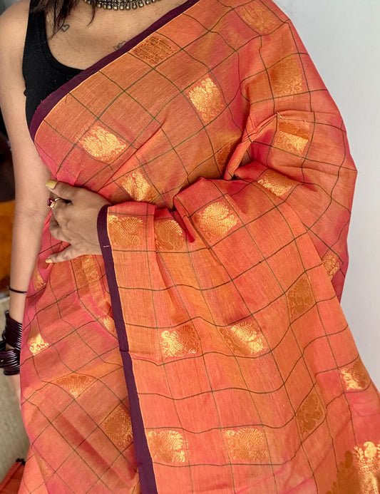Orange dual tone checks with peacock motifs, kanchi cotton saree - YCCOTNKCFE335