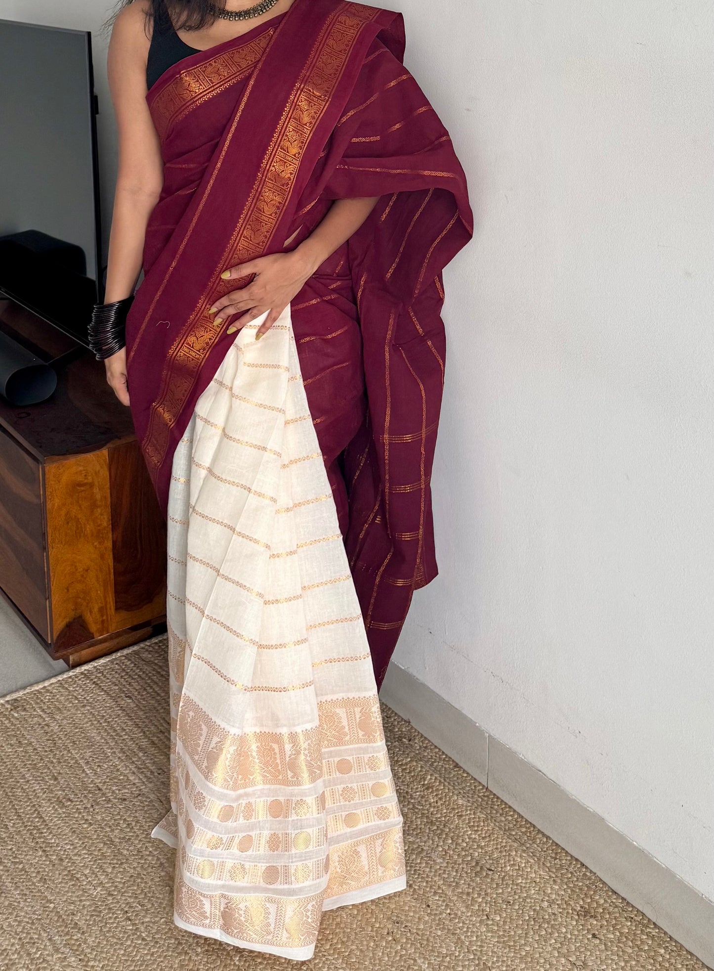 Maroon with cream, sungudi cotton half-half saree - YCCOTNMSFE355