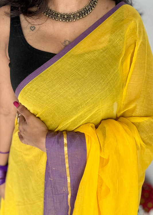 Yellow with purple border mul, thin antique gold zari gap border - YCBCMCLSE45