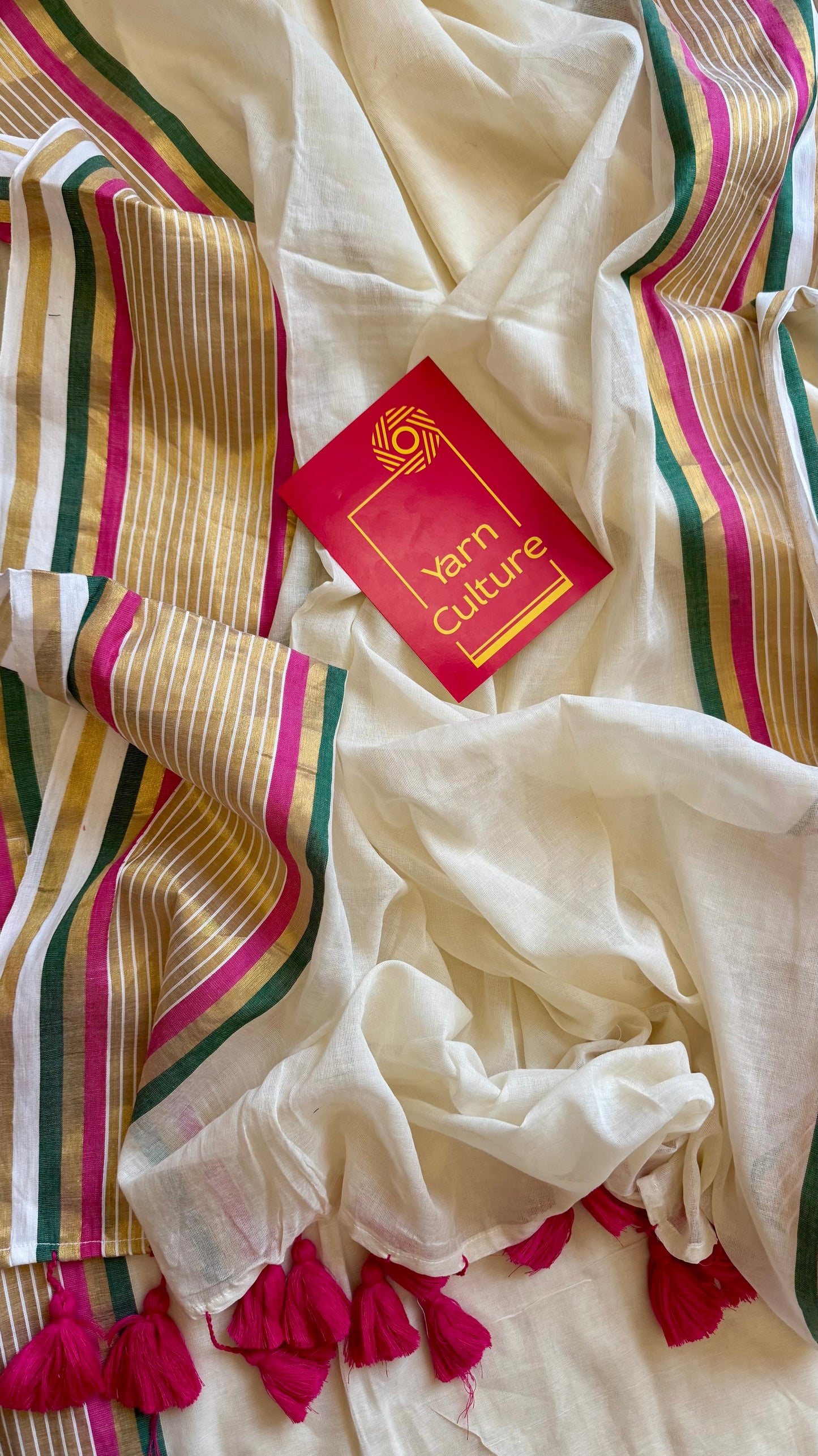 Ivory mul saree, hot pink, green and gold striped border - YCIEON14