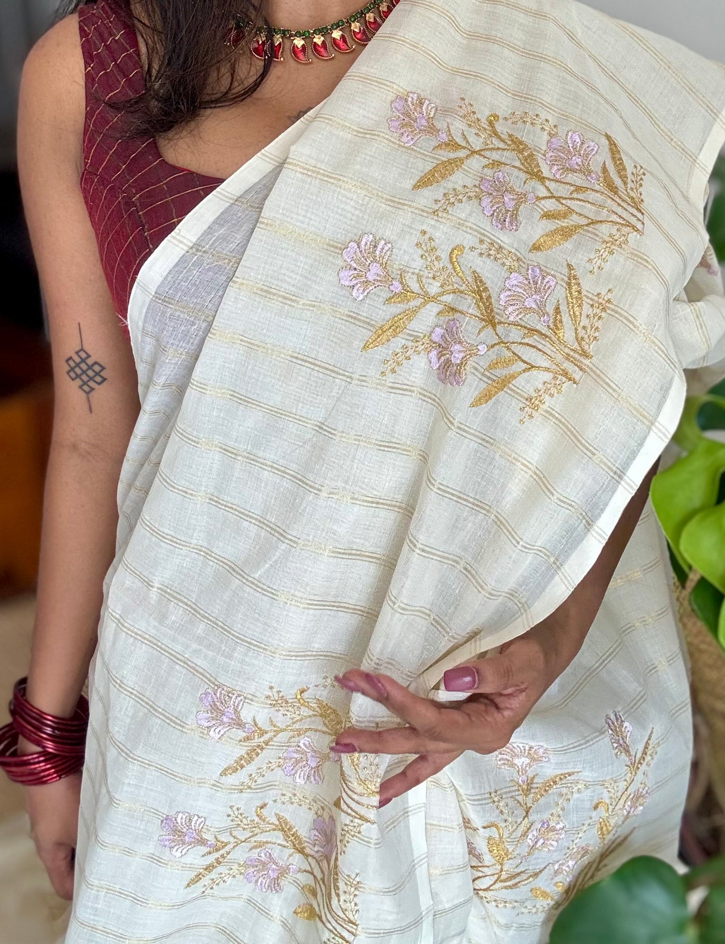 Ivory and gold soft cotton saree, lavender floral embroidery  - YCIEON53