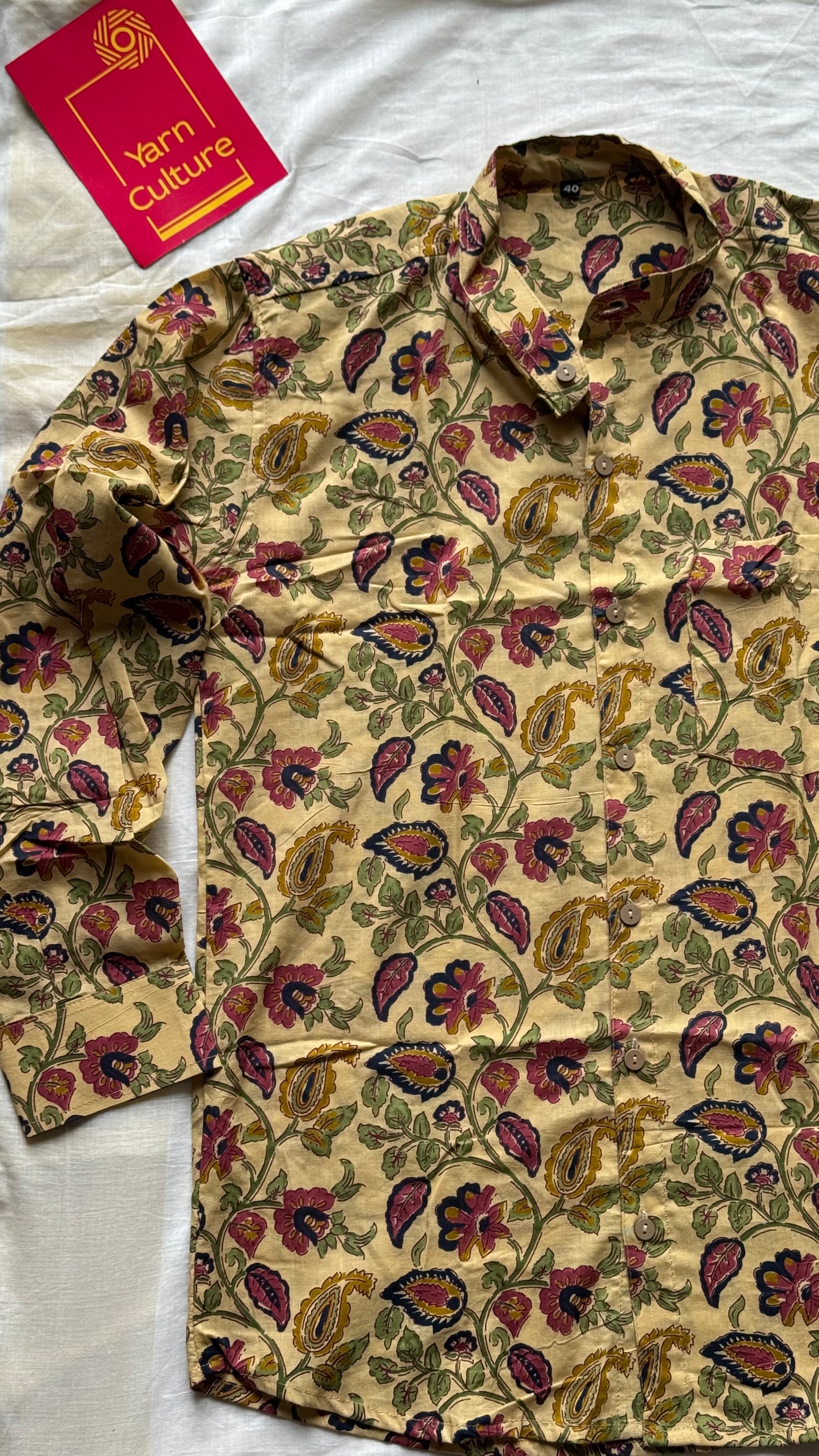 Light Cream Floral Block Printed Cotton Men's Mandarin Collar Kurta Shirt - YCMSEIE201