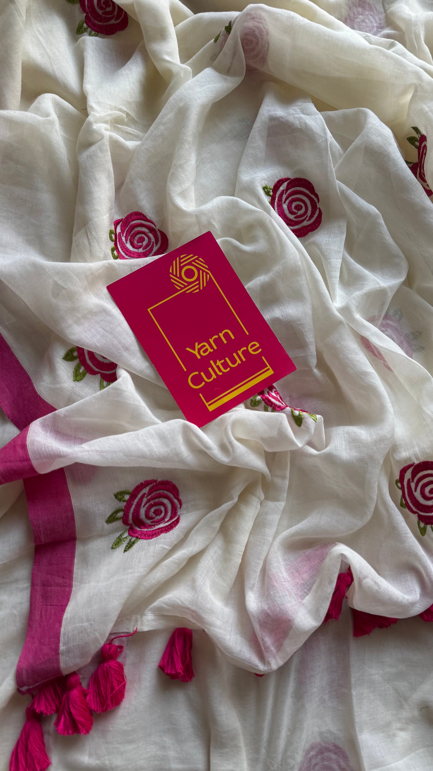 Cream mul with dark pink rose thread embroidery - YCBCMCNO74