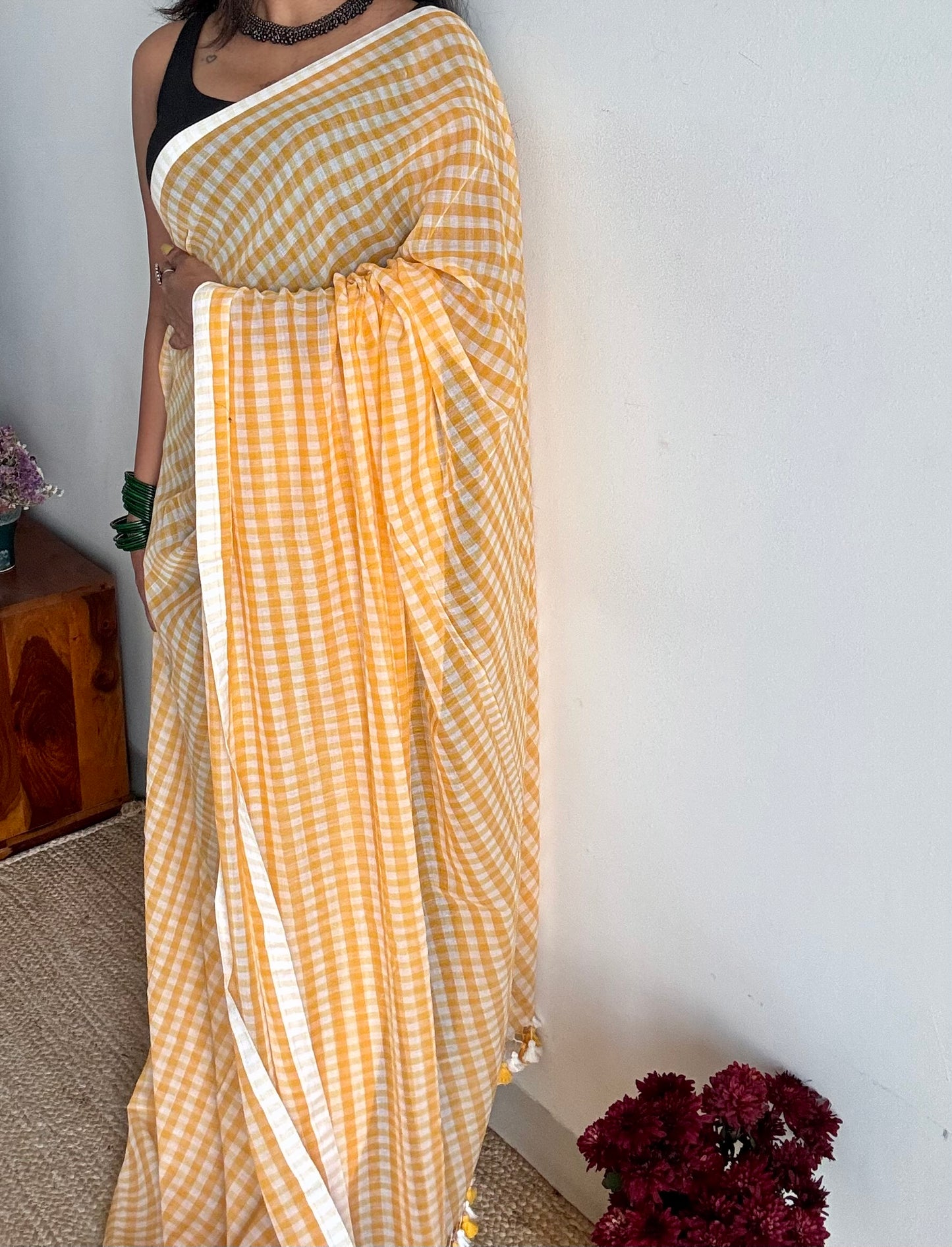 Orange and white checkered mul cotton saree - YCBCMCFE221