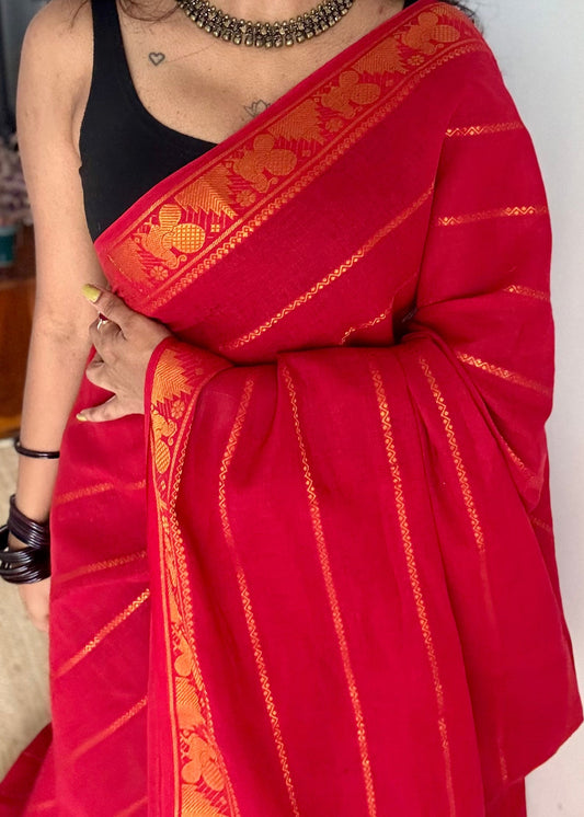 Red veldhaari, kattuchayam dyed, madurai cotton - YCCOTNSEMS85