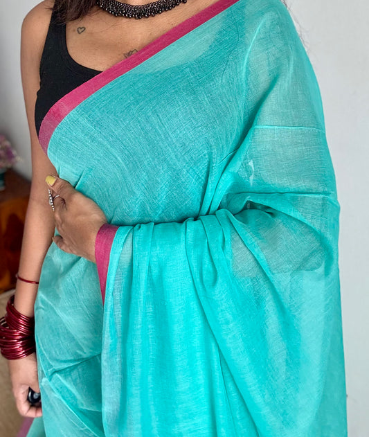 Turquoise with dark pink border mul cotton saree - YCBCMCFE223