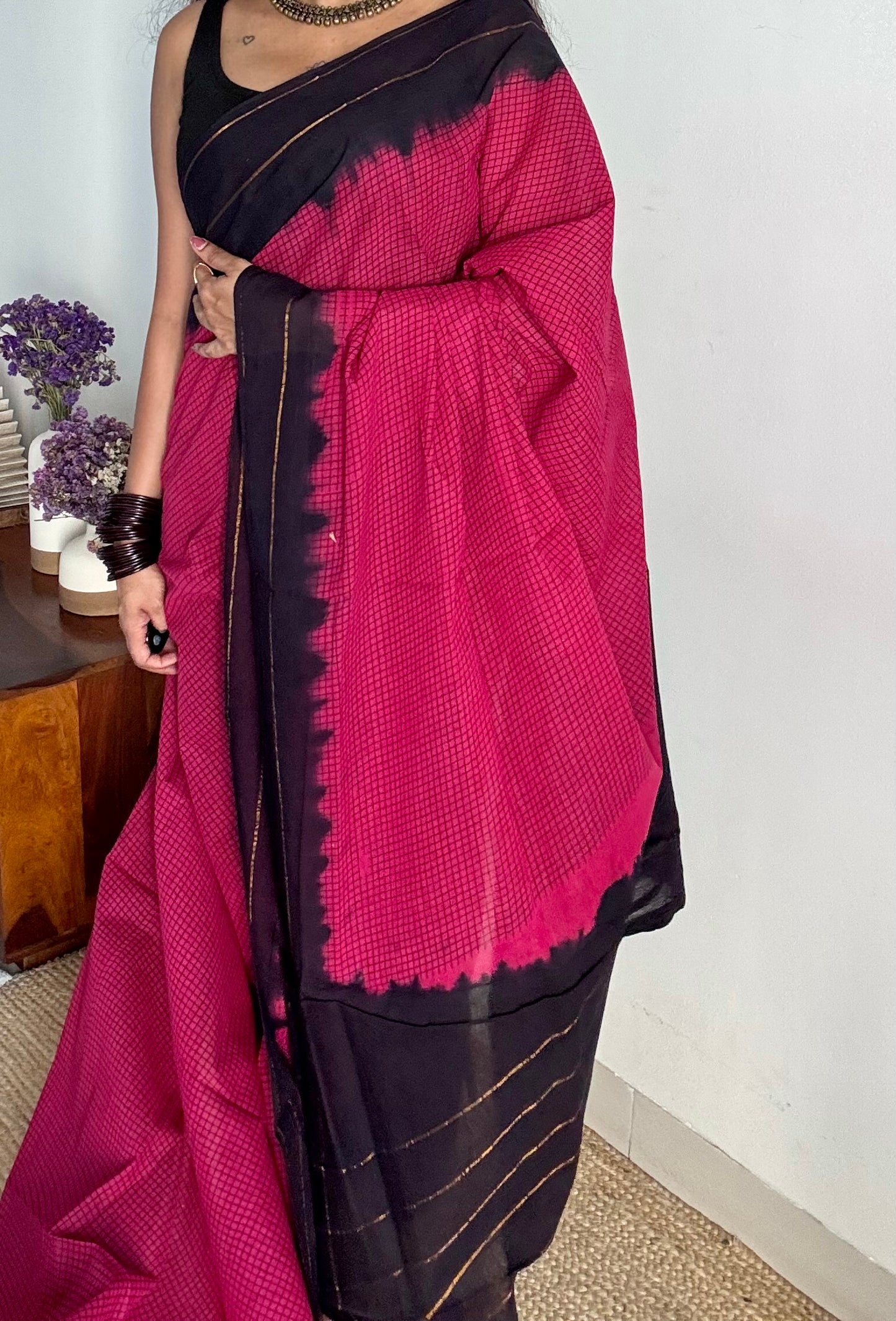 Dark pink with black contrast, checkered kattuchayam dyed madurai cotton saree - YCCOTNMA234