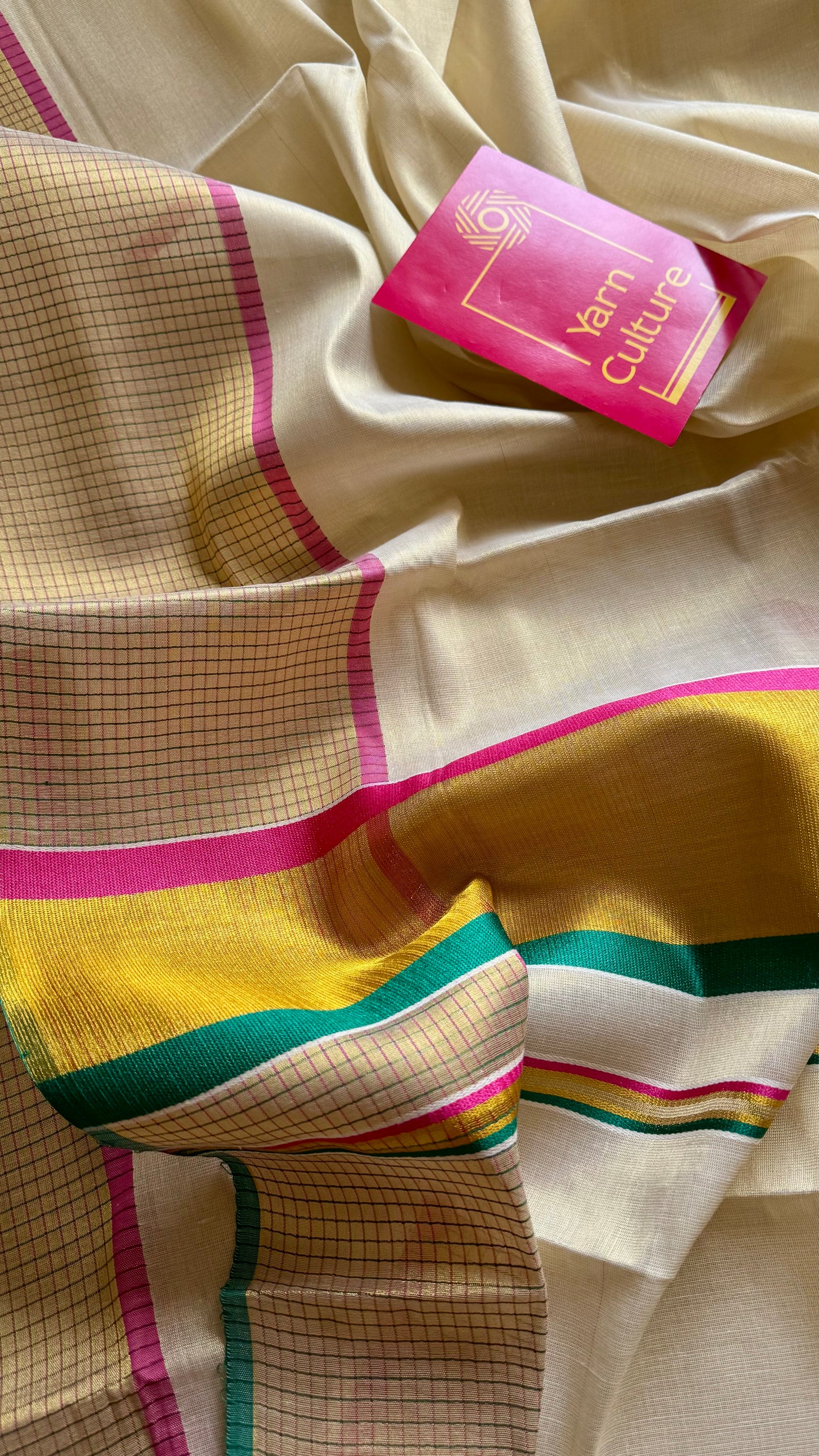 Ivory and gold soft tissue cotton saree, pink and green, checkered border - YCIEON77