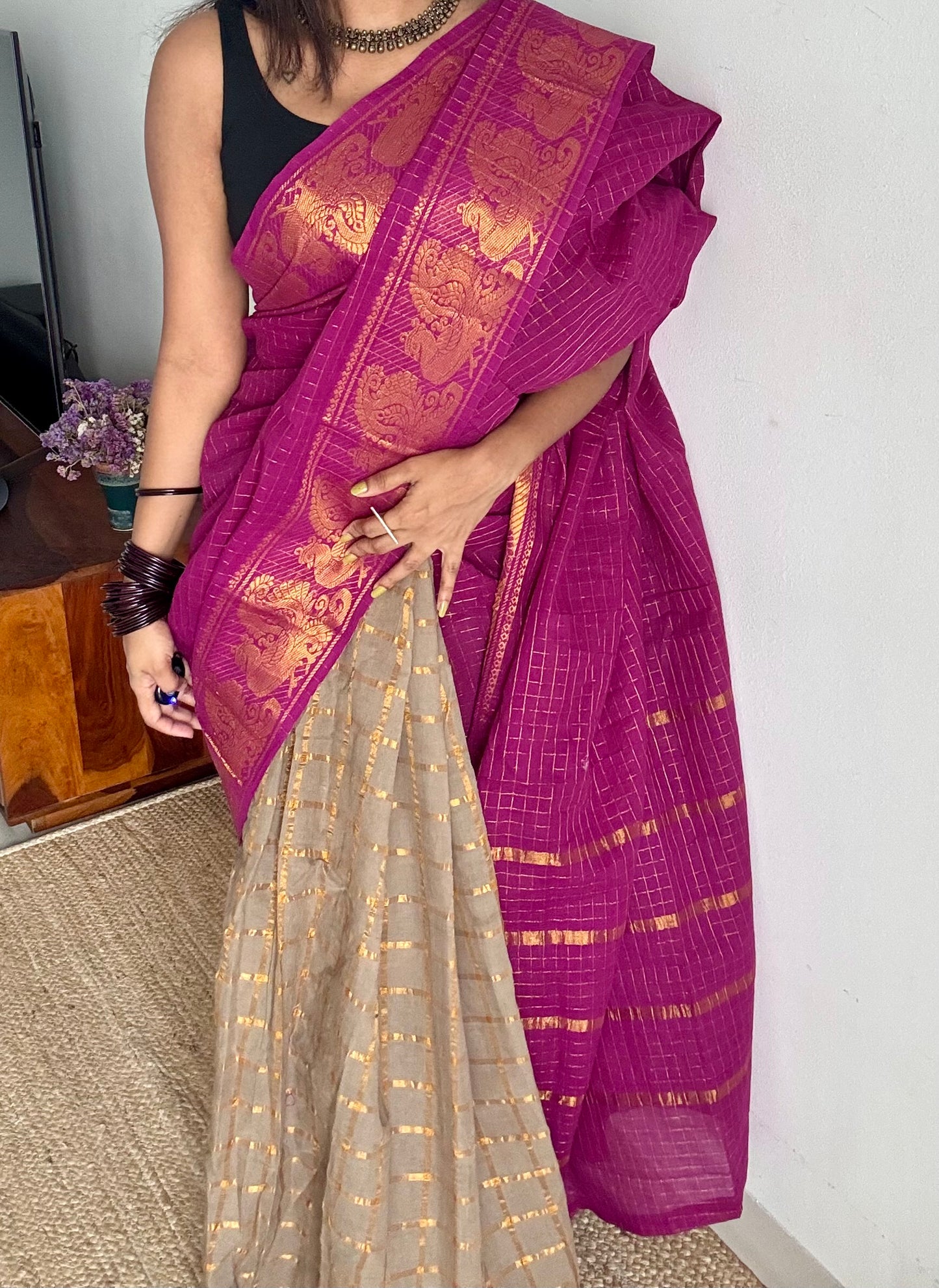 Magenta with warm grey, sungudi cotton half-half saree - YCCOTNMSFE345