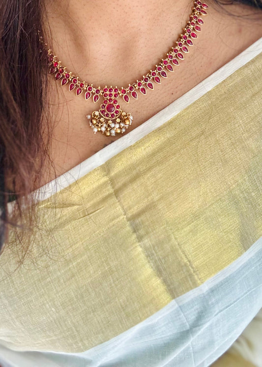 Ruby stone floral necklace with earrings - YCAGC143