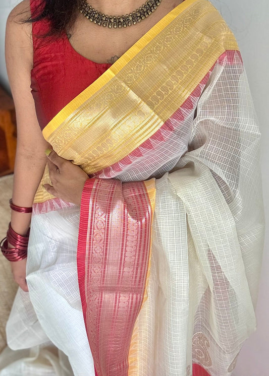 Cream with red and yellow contrast borders, kota doria with zari - YCBCDP14