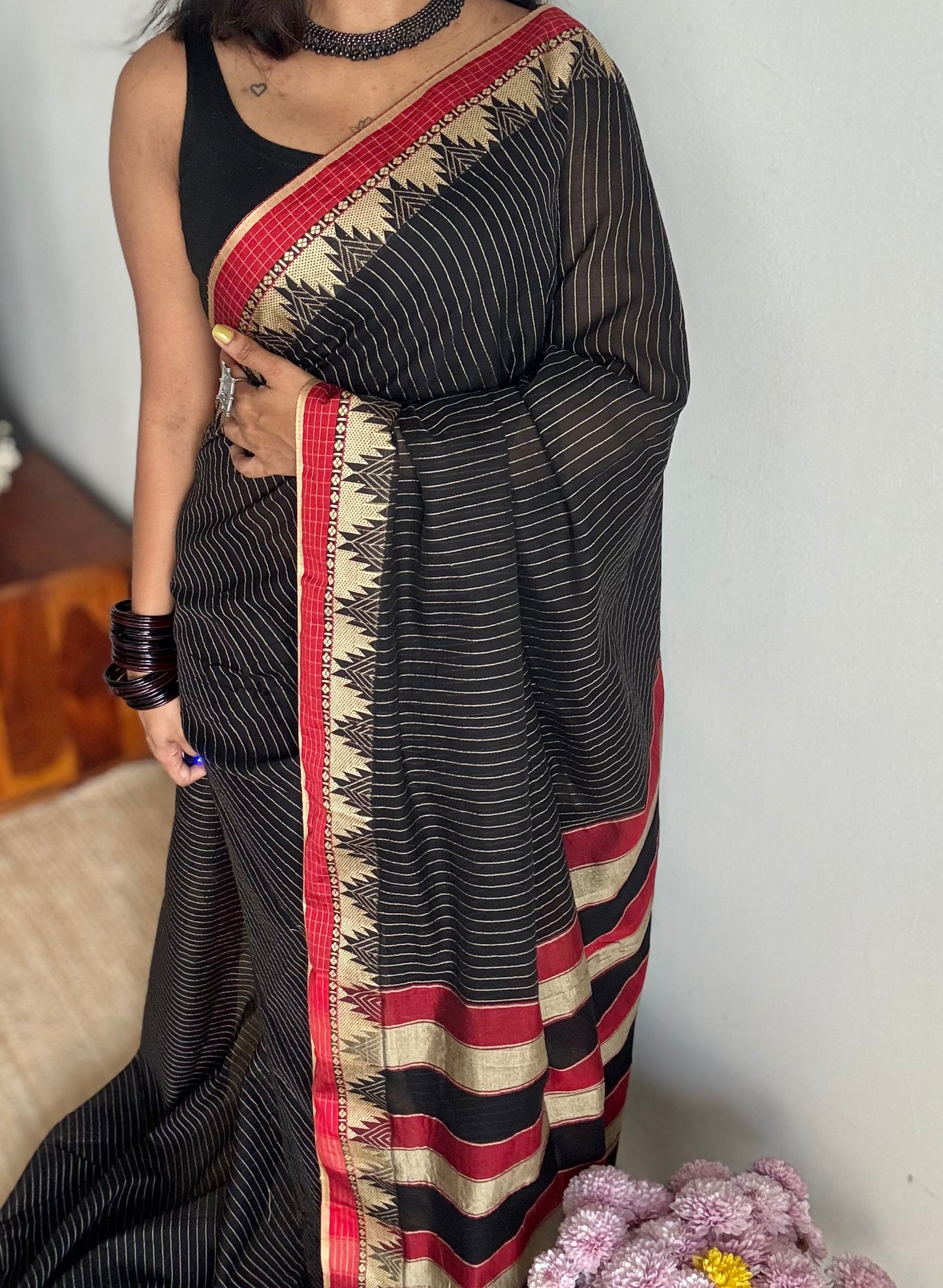 Black striped premium narayanpet soft cotton, with temple motif and checkered border - YCWOTDNPNO82