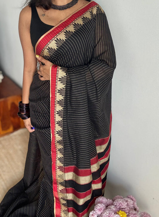 Black striped premium narayanpet soft cotton, with temple motif and checkered border - YCWOTDNPNO82