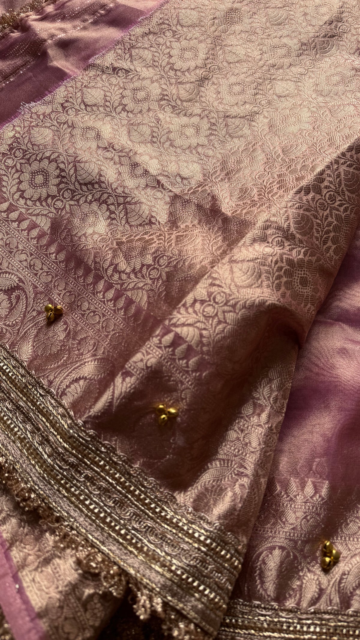Pink gold tissue Banarasi saree with ghungroo embellishments and zari border - YCBLTOC71