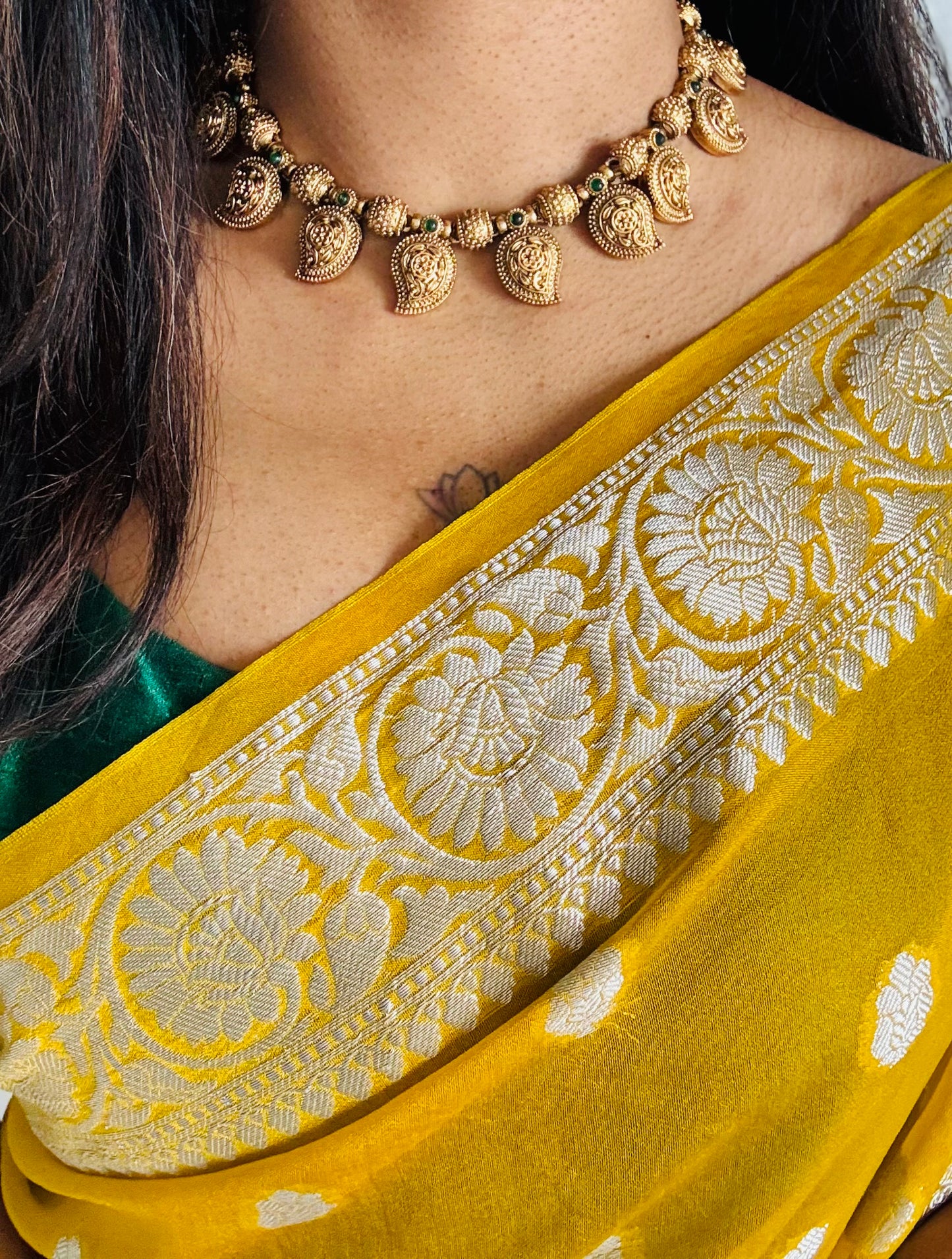 Mango shaped pendant neckpiece in antique gold, with earrings - YCGPNP623