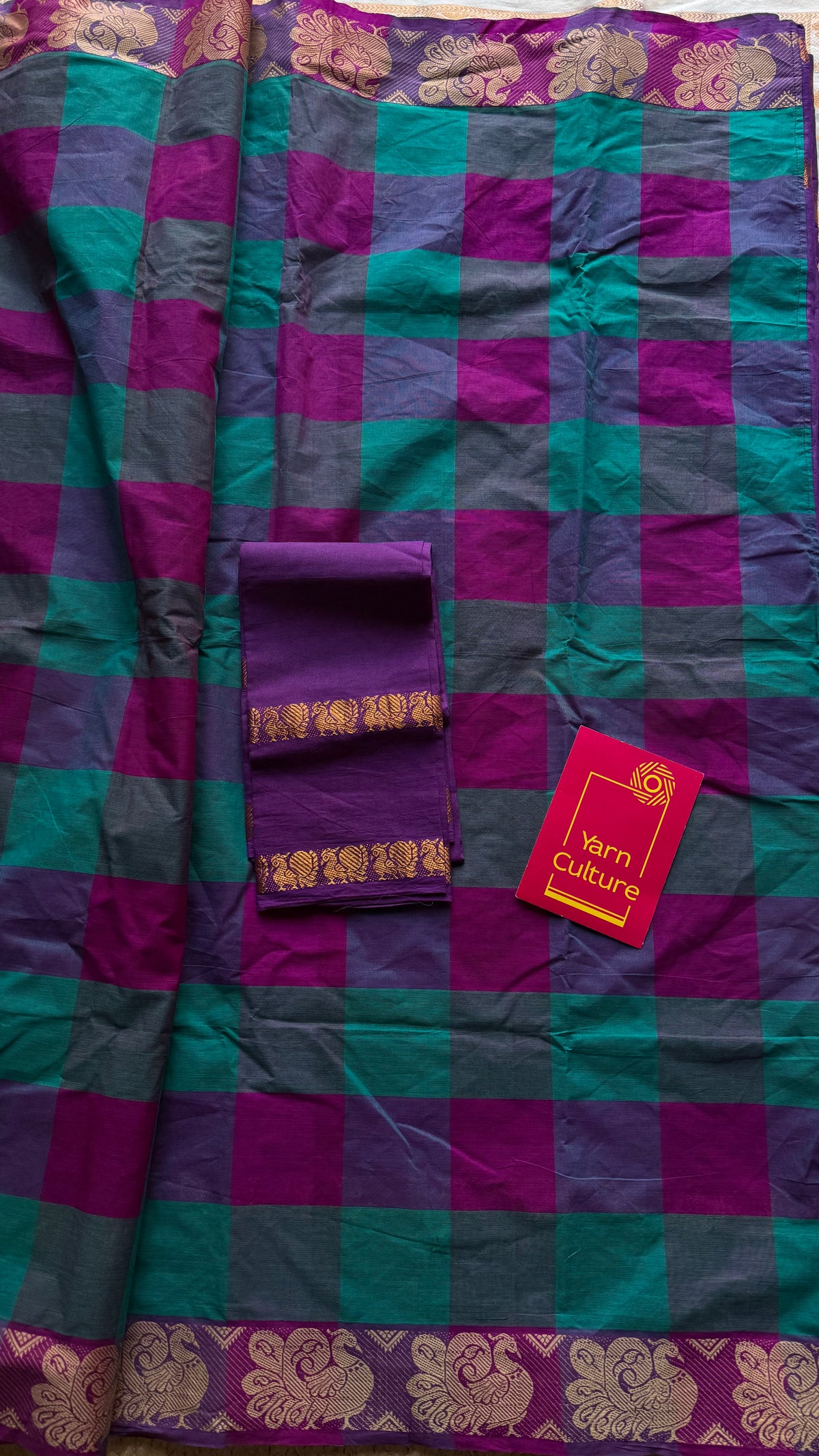 Purple with multicoloured checks, sungudi and chettinad cotton half and half saree - YCCOTNIDOC133