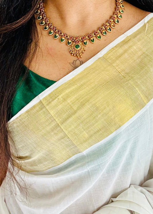 Ruby green palakka necklace with earrings, variant 2 - YCGPNP769