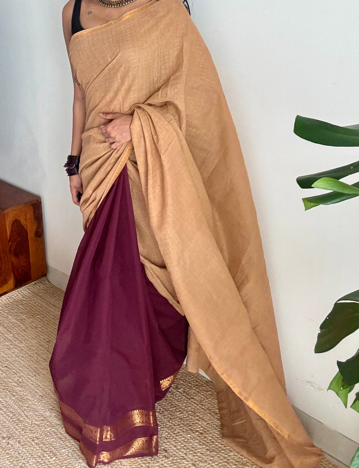 Cream and maroon, sungudi and chettinad cotton half-half saree - YCCOTNIDOC27