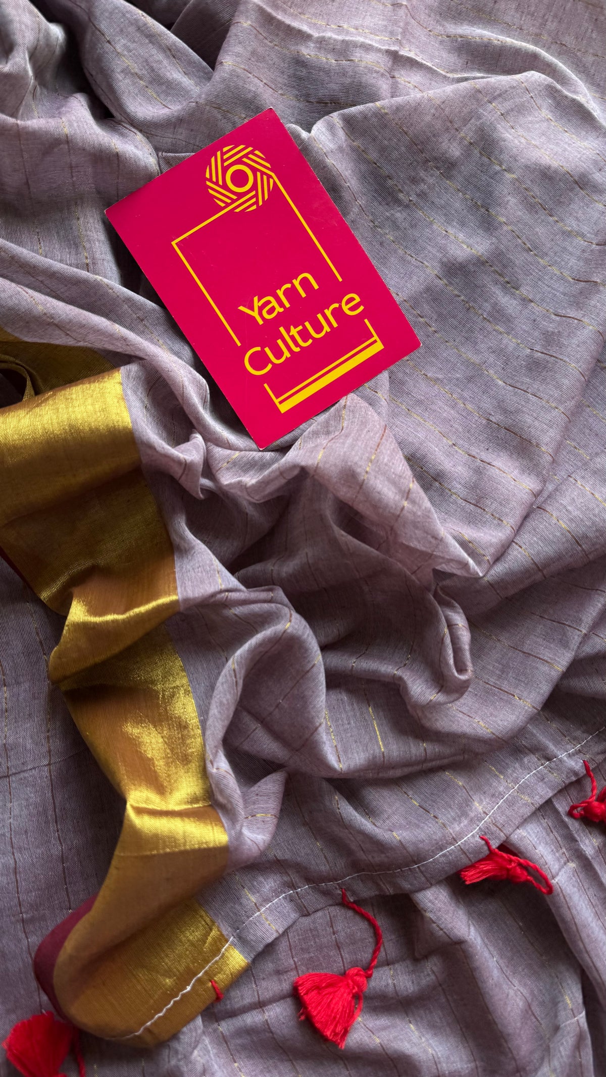 Grey mul cotton saree with zari stripes and maroon highlighted border - YCBCMCSE35
