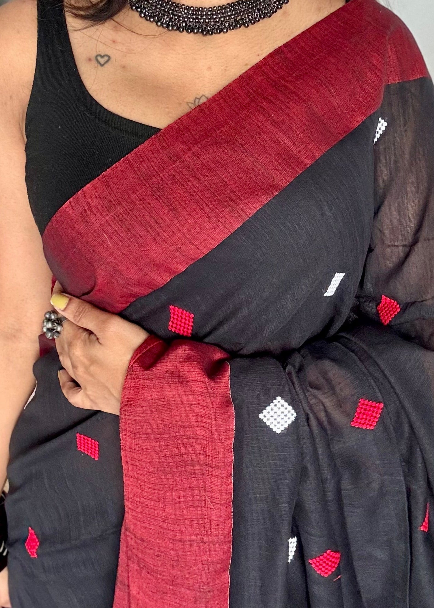 Black with red, soft khadi cotton with woven motifs - YCBCKCDE25