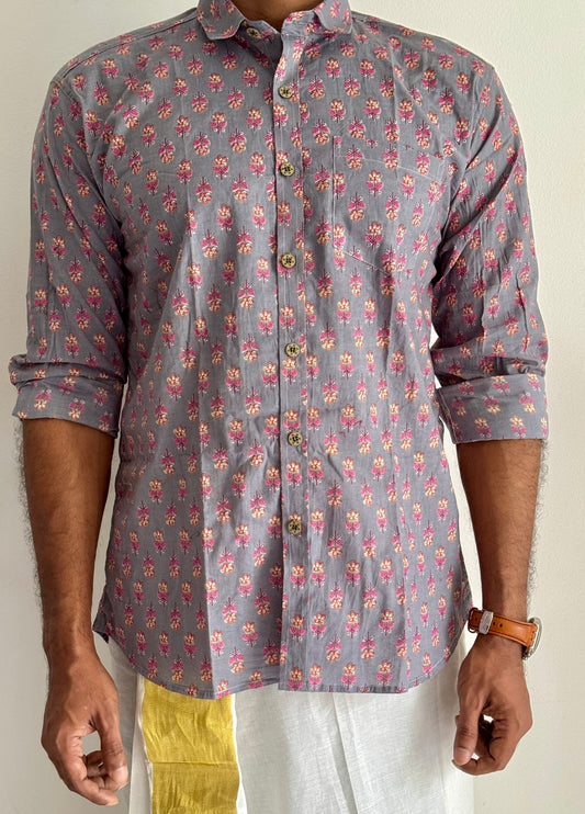 Grey Floral Block Printed Cotton Men's Full Sleeve Collared Shirt - YCMSEIE200