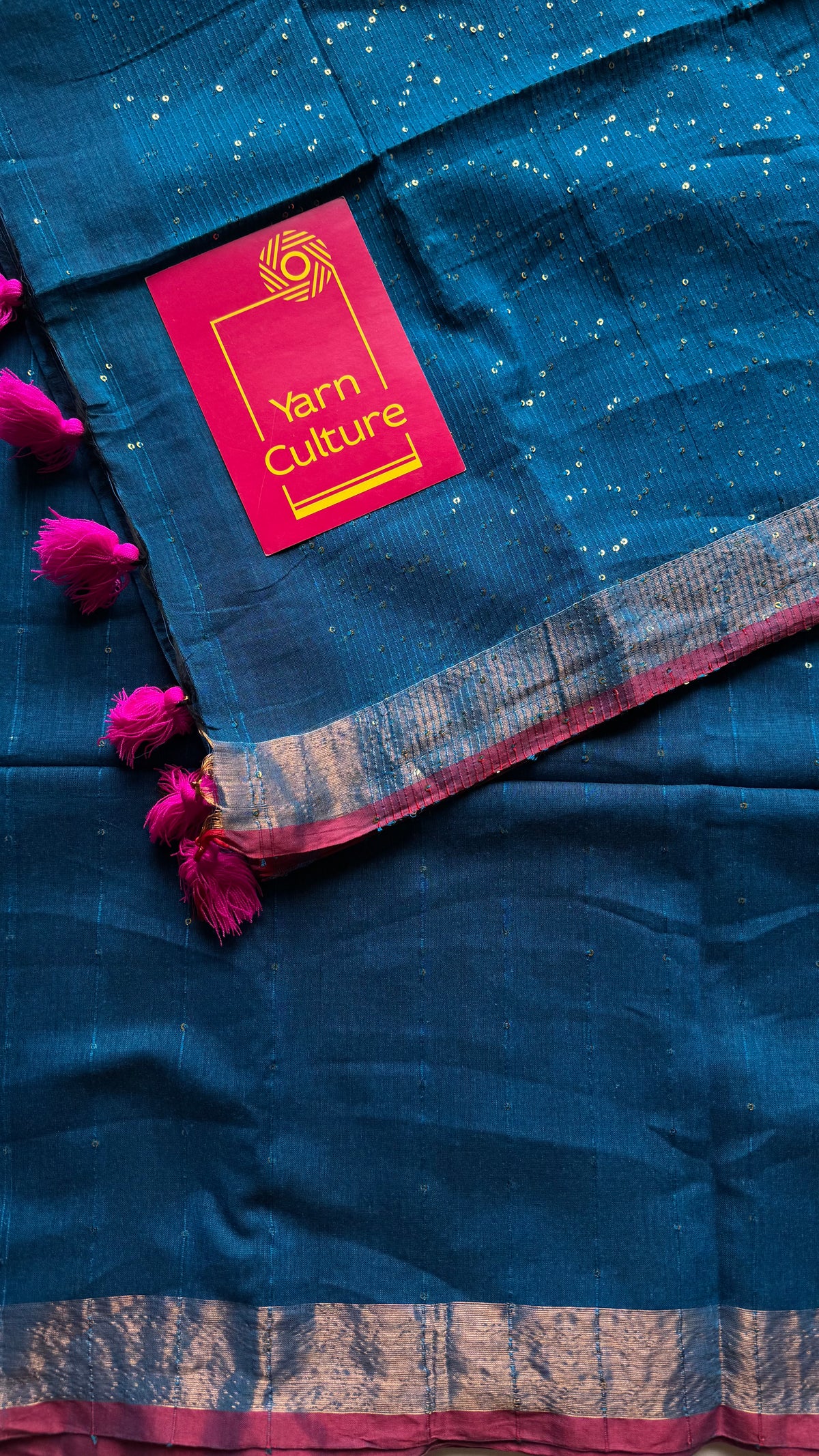 Peacock blue mul cotton saree with sequins and zari border - YCBCMCSE31