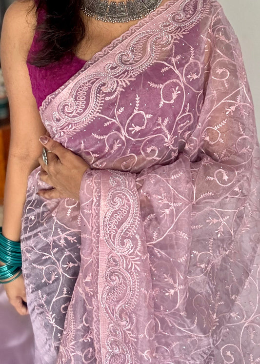 Pink Pickle - light onion pink organza, with theadwork and sequins - YCDOSNO34