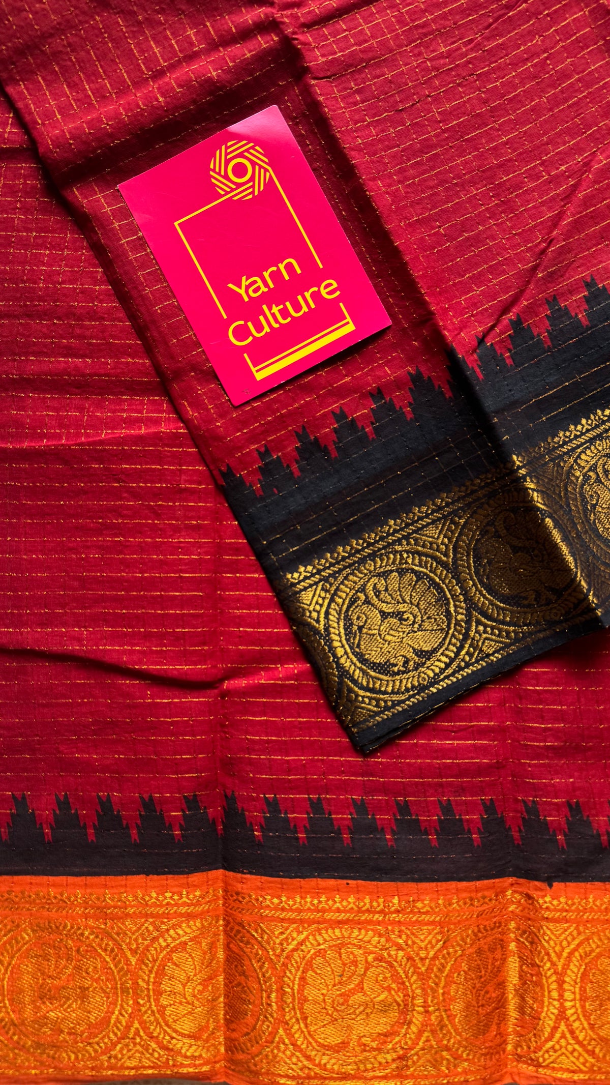 Sungudi cotton checks, red base, orange and black dual tone border, soft cotton - YCCOTNMSSE12