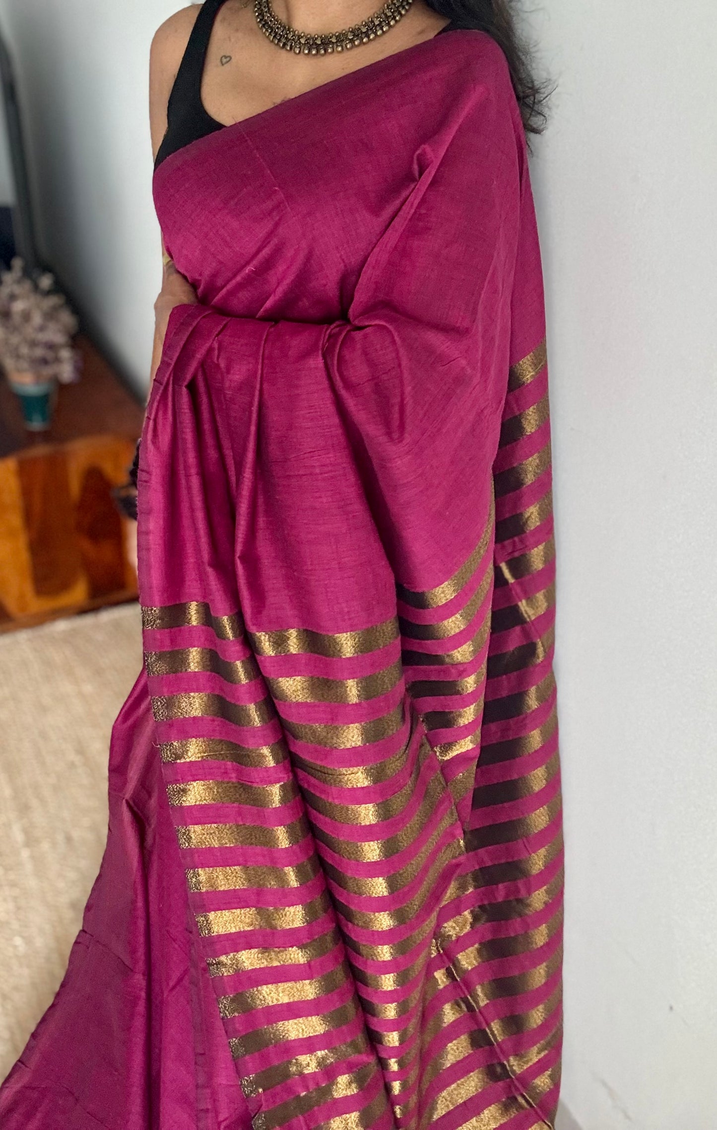 Berry pink khadi with antique gold pallu - YCBCKZPSE07