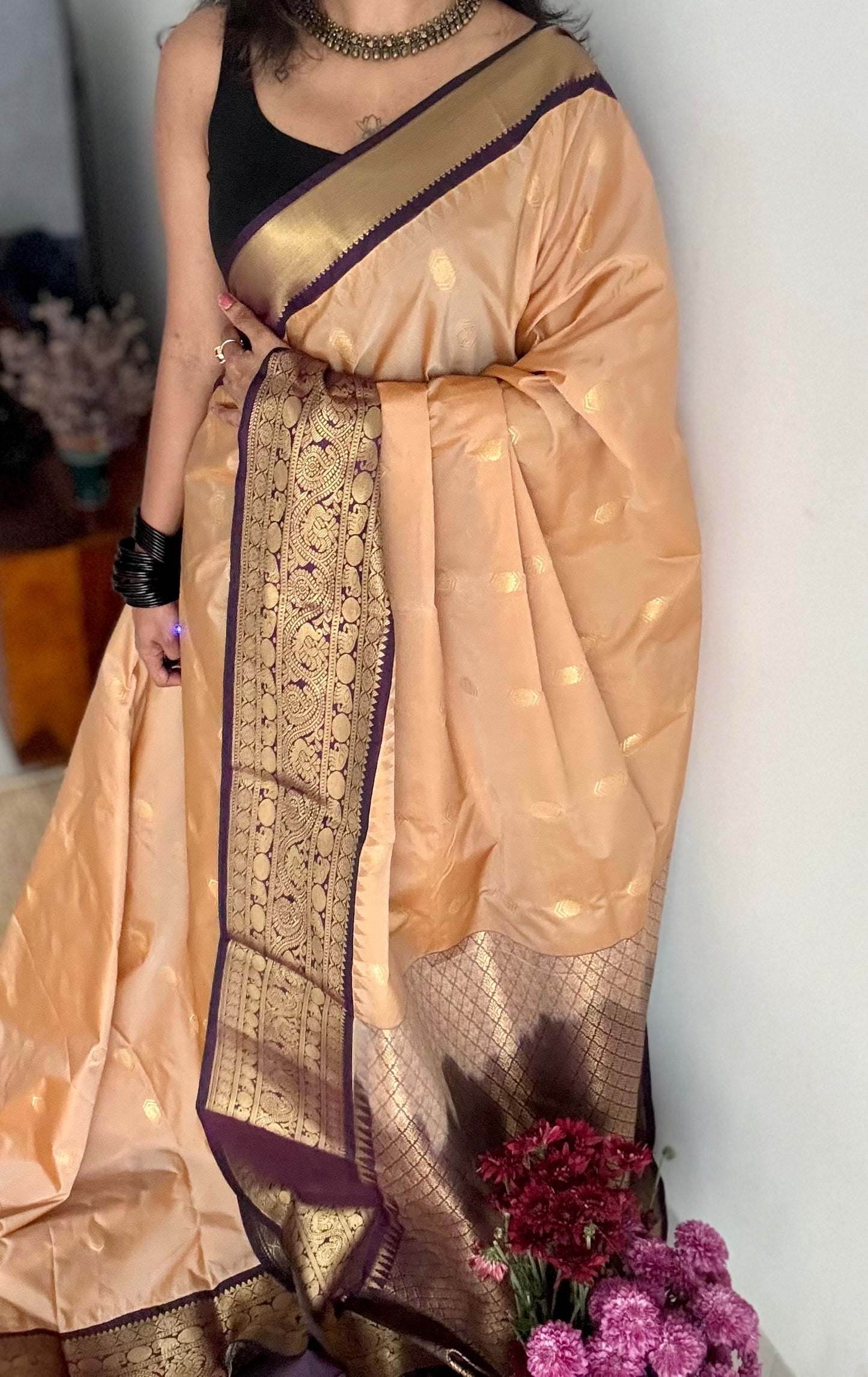 Mohini - beige with deep wine purple, handloom korvai semi silk - YCCOTNFEJUKS06