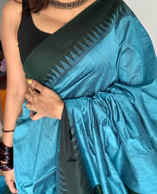 Blue with dark green contrast, temple border saree, cotton silk - YCCOTNTBFE63